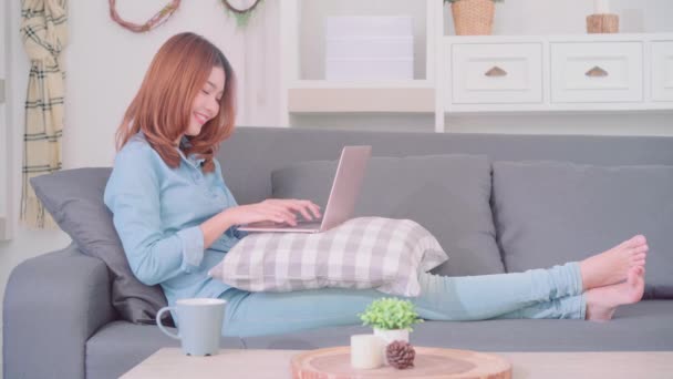 Portrait Beautiful Attractive Asian Woman Using Computer Laptop Holding Warm — Stock Video