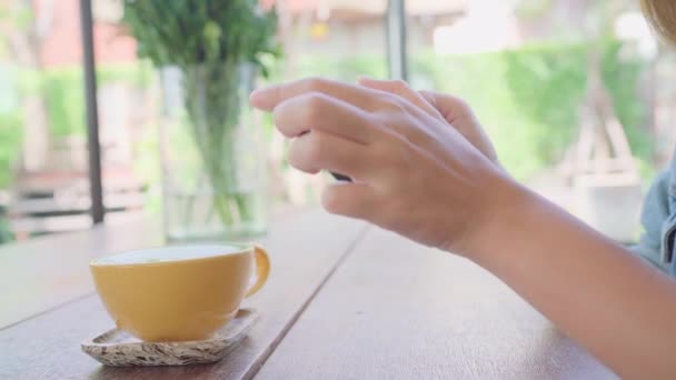 Female Blogger Photographing Green Tea Cup Cafe Her Phone Young — Stock Video
