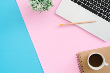 Yaratıcı düz Fotoğraf çalışma masası yatıyordu. Üstten görünüm ofis büro dizüstü bilgisayar, kalem, defter, kahve fincanı ve bitki mavi pembe renkli arka plan üzerinde. Kopya alanı, düz yatıyordu fotoğraf ile üstten görünüm.