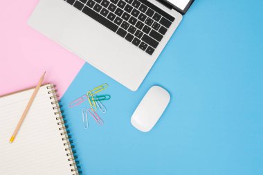 Yaratıcı düz Fotoğraf çalışma masası yatıyordu. Üstten görünüm ofis büro dizüstü, kalem, defter ve mavi pembe renkli arka plan üzerinde fare ile. Kopya alanı, düz yatıyordu fotoğraf ile üstten görünüm.