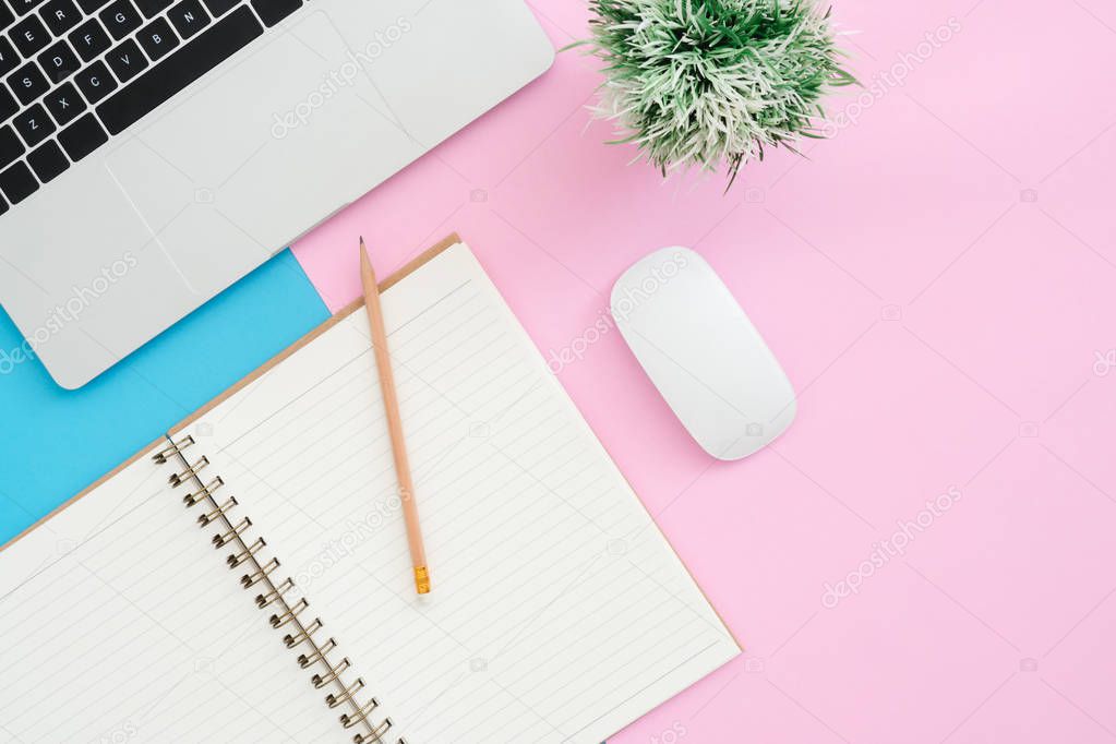 Creative flat lay photo of workspace desk. Top view office desk with laptop, pencil, notebook and plant on blue pink color background. Top view with copy space, flat lay photography.