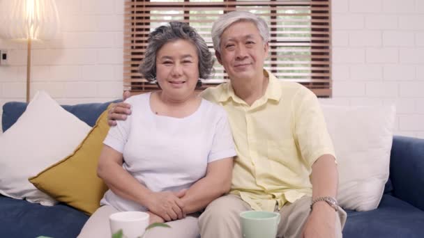 Asiática Pareja Ancianos Sentirse Feliz Sonriendo Mirando Cámara Mientras Relaja — Vídeos de Stock