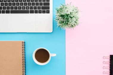 Yaratıcı düz Fotoğraf çalışma masası yatıyordu. Üstten görünüm ofis büro dizüstü bilgisayar, klip, defter, kahve fincanı ve bitki mavi pembe renkli arka plan üzerinde. Kopya alanı, düz yatıyordu fotoğraf ile üstten görünüm.