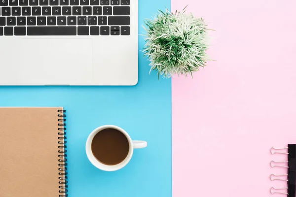 Creative flat lay photo of workspace desk. Top view office desk with laptop, clip, notebook, coffee cup and plant on blue pink color background. Top view with copy space, flat lay photography.