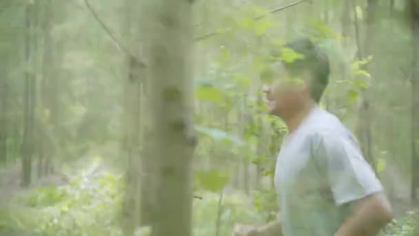 健康的なハンサムな若いアジア選手男のスポーツ服足温暖化と森林歩道上で実行の準備ができて 彼女の腕を伸ばします ライフ スタイル アクティブな男性運動の森コンセプト — ストック動画
