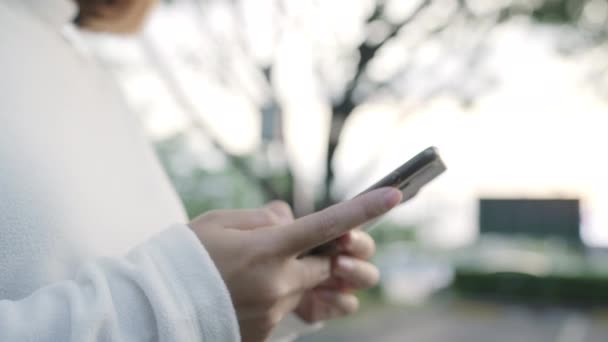 Mulher Blogueira Turística Asiática Alegre Usando Tecnologia Touchscreen Smartphone Enquanto — Vídeo de Stock