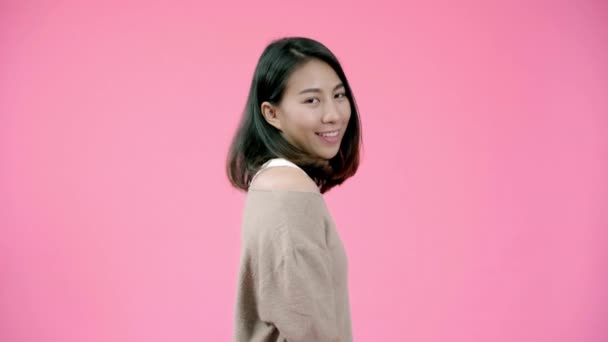 Smiling Adorable Asian Female Positive Expression Smiles Broadly Dressed Casual — Stock Video