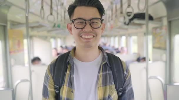 Traveler Asian Man Walking Looking Seat While Taking Train Young — Stock Video