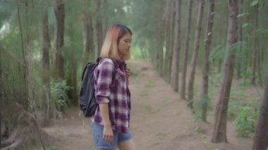 Macera hissi özgürlük ormanda yürüyüş hiking üzerinde uzun yürüyüşe çıkan kimse Asya backpacker kadın erkek yakınındaki çok sayıda ağaç onun tatil keyfini çıkarın. Yaşam tarzı kadın seyahat ve boş zaman kavramı içinde dinlenmek.