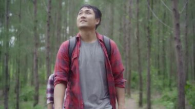 Ormanda yürüyüş macera hissi özgürlük hiking üzerinde Asya backpacker çift uzun yürüyüşe çıkan kimse, tatlı Asya çift onların yakınındaki çok sayıda ağaç keyfini çıkarın. Yaşam tarzı çift seyahat ve boş zaman kavramı içinde dinlenmek.