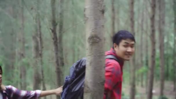 徒步旅行的亚洲背包客夫妇在徒步冒险感觉自由走在森林里 甜蜜的亚洲夫妇享受他们的假期附近的很多树 生活方式夫妇旅行和放松在空闲时间的概念 — 图库视频影像