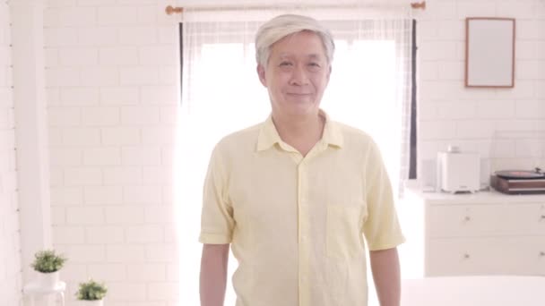 Asian Elderly Man Feeling Happy Smiling Looking Camera While Relax — Stock Video