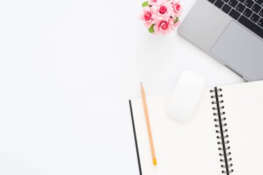 Yaratıcı düz Fotoğraf çalışma masası yatıyordu. Üstten görünüm ofis büro dizüstü bilgisayar, kalem, defter ve beyaz renk arka plan üzerinde bitki. Kopya alanı, düz yatıyordu fotoğraf ile üstten görünüm.