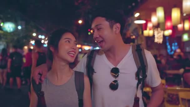 Podróżny Backpacker Asian Para Podróżować Bangkok Tajlandia Słodki Para Picie — Wideo stockowe