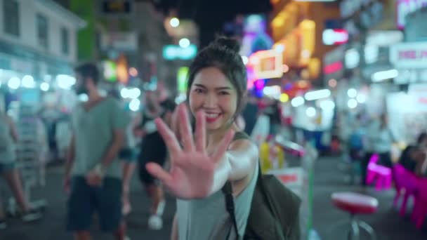 Медленное Движение Путешествующий Азиатский Блогер Женщины Путешествуют Бангкоке Таиланд Красивая — стоковое видео
