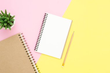 Yaratıcı düz fotoğraf çalışma masası yatıyordu. Üstten Görünüm Ofis Masası ile defter ve kalem ve bitki pembe sarı pastel renk arka plan üzerine açık sahte. Kopya alanı, düz yatıyordu fotoğraf ile Üstten Görünüm.