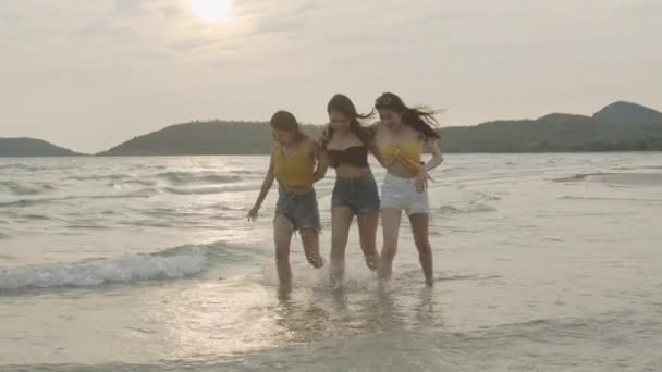 Gruppo Giovani Asiatiche Che Camminano Sulla Spiaggia Amici Felici Rilassarsi — Video Stock