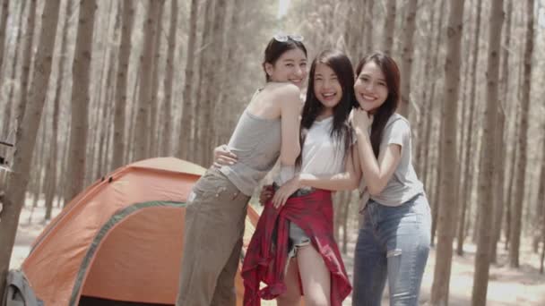 Adolescente Heureuse Souriante Caméra Groupe Jeunes Amis Asiatiques Campant Pique — Video