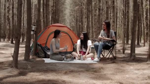 森の中で一緒にキャンプやピクニックをする若いアジアの友人のグループは ティーンエイジャーの女性はテントの前で話を楽しみます 女性は夏の休暇で冒険活動や旅行を行います スローモーション — ストック動画