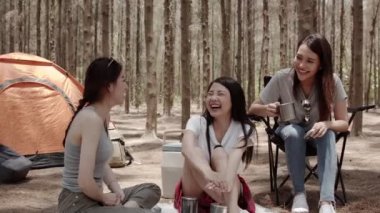 Genç Asyalı arkadaşlar bir grup kamp veya piknik birlikte ormanda, genç kadın çadır önünde konuşurken keyfini çıkarın. Kadınlar macera aktivitesi yapar ve yaz aylarında tatil tatillerinde seyahat. Yavaş çekim.