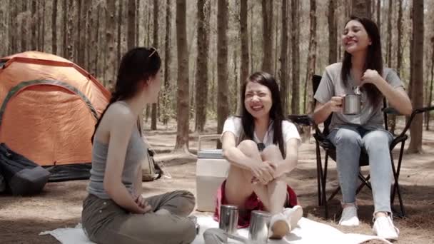 Grupo Jóvenes Amigos Asiáticos Acampando Picnic Juntos Bosque Las Adolescentes — Vídeo de stock