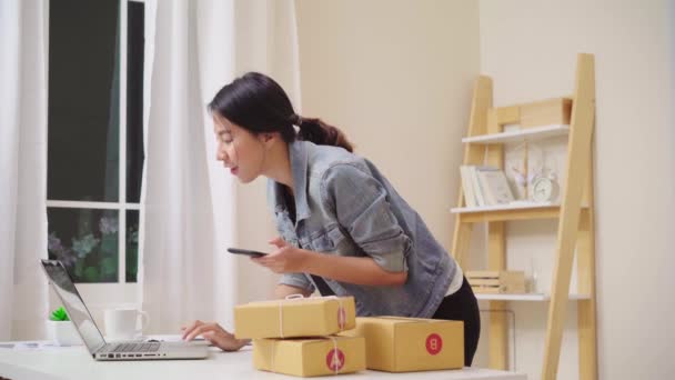 Азиатская Молодая Женщина Проверяет Товар Складе Сохраняет Ноутбук Работающий Доме — стоковое видео