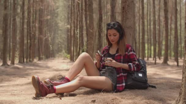 亚洲徒步旅行妇女徒步在森林 年轻的快乐背包女孩坐在休息喝水杯后步行旅行自然探险之旅 在暑假假期爬山的概念 慢动作 — 图库视频影像