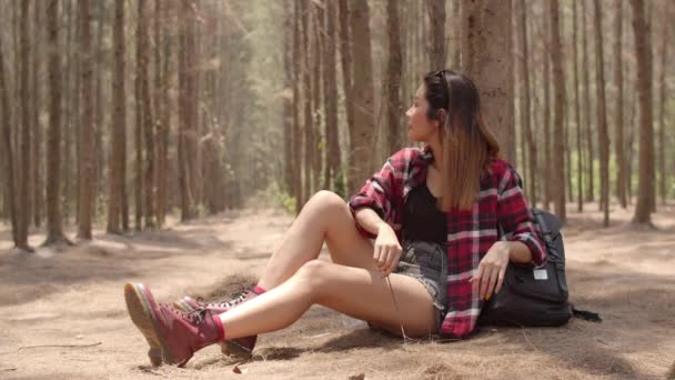 Mulher Caminhante Asiático Trekking Floresta Jovem Menina Mochila Feliz Sentado — Vídeo de Stock