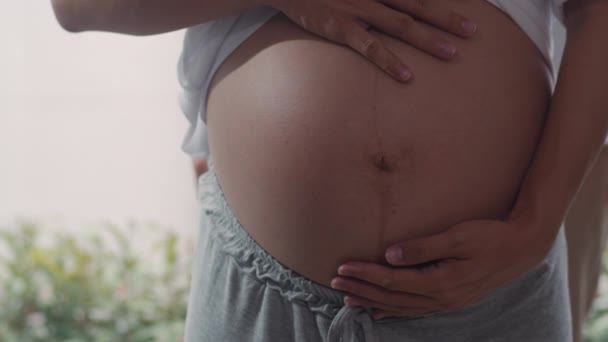 Jovem Asiático Grávida Casal Abraço Segurando Barriga Conversando Com Seu — Vídeo de Stock