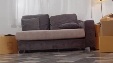 Mutlu Asyalı genç aile yeni bir ev aldı. Çinli anne, baba ve çocuk mutlu bir şekilde gülümsüyor. Büyük, modern bir evde hareket eden nesneler için karton kutular tutuyorlar. Emlak kredisi ve ipotek. Yavaş çekim.