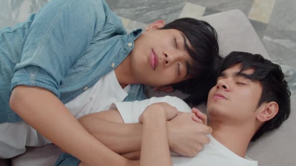 Young Asian Gay Couple Sleep Together Home Teen Korean Lgbtq — Stock Video