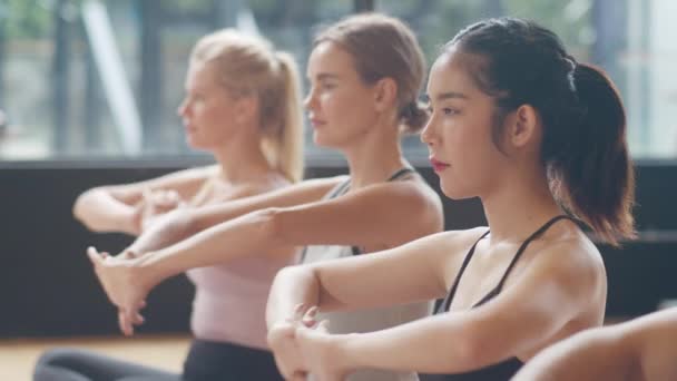 年轻多姿多彩的人和教练一起练习瑜伽 在健身室锻炼健康生活方式的多种族妇女群体 体育活动 体操或芭蕾舞班 — 图库视频影像