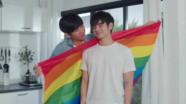 Asian Gay Couple Standing Hugging Room Home Young Handsome Lgbtq — Stock Video