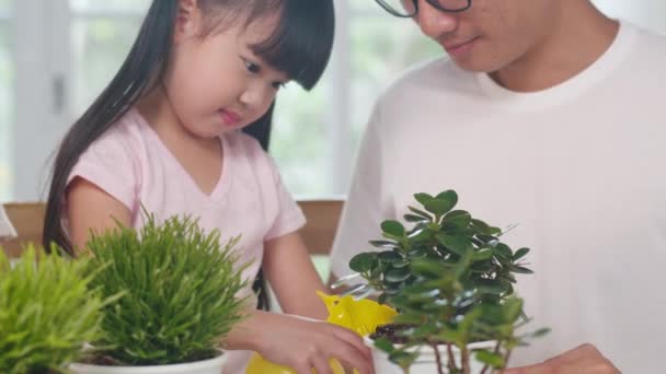 Happy Cheerful Asian Family Dad Mom Daughter Watering Plant Gardening — Stock Video