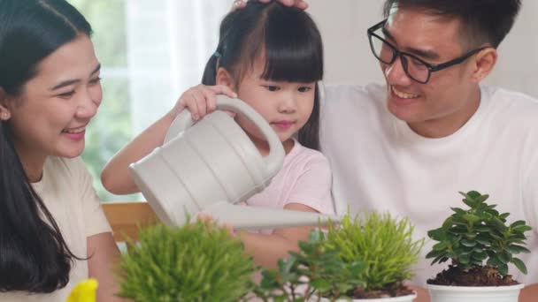 Happy Cheerful Asian Family Dad Mom Daughter Watering Plant Gardening — Stock Video