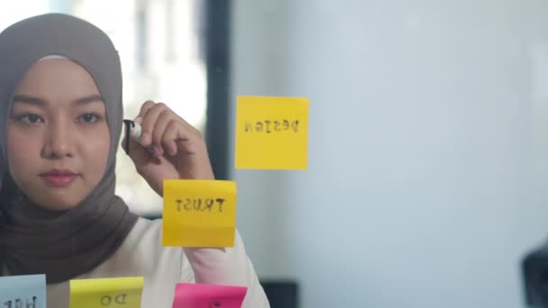 Asyalı Müslüman Kadın Yeni Normal Ofisindeki Cam Tahtaya Bilgi Strateji — Stok video