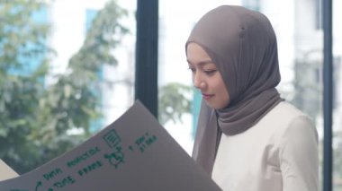 Asyalı müslüman bayanın çizim planı yeni normal ofiste kağıt üzerinde bilgi anımsatıcılığı yapmak. Evden çalışmak, uzaktan çalışmak, kişisel izolasyon, sosyal uzaklık, koronavirüs önleme için karantina.