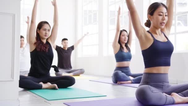 Giovani Asiatici Sportivi Attraenti Persone Che Praticano Lezione Yoga Con — Video Stock