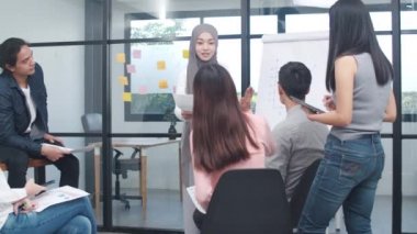 Asya 'lı işadamları ve iş kadınları beyin fırtınası yapan fikirlerle buluşuyor iş sunum projesi meslektaşları birlikte çalışıyor başarı stratejisi planlıyorlar küçük modern ofiste takım çalışmasının keyfini çıkarıyorlar.