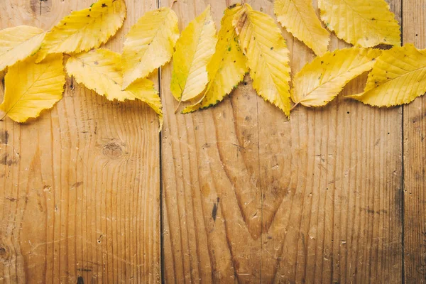 古い木製のテーブルに 黄色い葉を持つ背景を紅葉します 上からの眺め — ストック写真