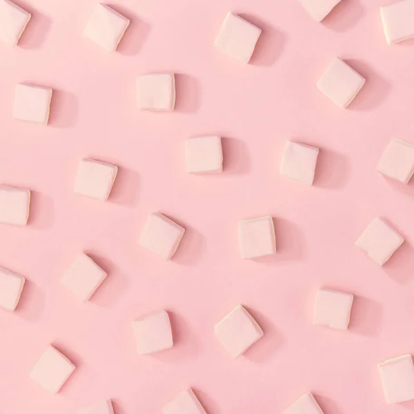 Top View Composed White Sweet Marshmallows Pink Background Pattern Square — Stock Photo, Image