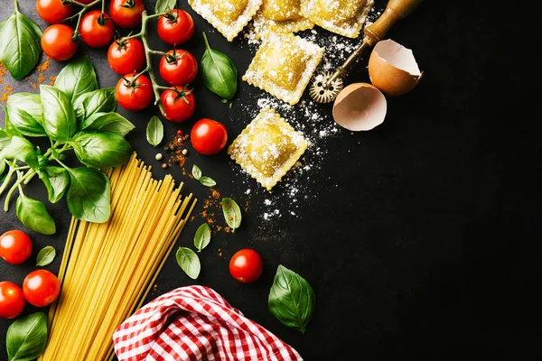 Sfondo Alimentare Italiano Sano Con Ingredienti Pronti Cottura Orizzontale Con — Foto Stock