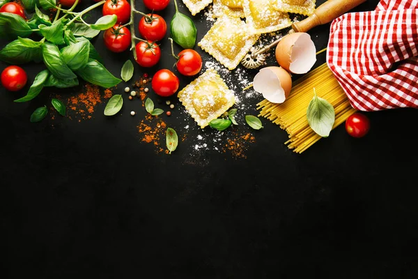 Fondo Italiano Alimentos Saludables Con Ingredientes Listos Para Cocinar Horizontal —  Fotos de Stock