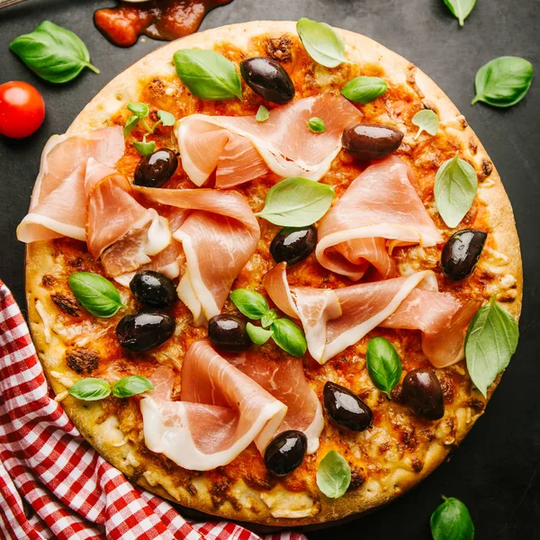 Top View Tasty Appetizing Classic Italian Traditional Pizza Ham Cheese — Stock Photo, Image