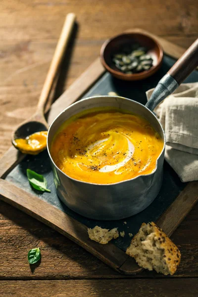 Tasty Fresh Cooked Pumpkin Soup Pot Wooden Table Ready Served — Stock Photo, Image