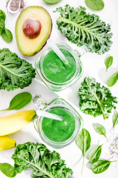 Fresh Healthy Green Smoothie Served Jars White Table — Stock Photo, Image