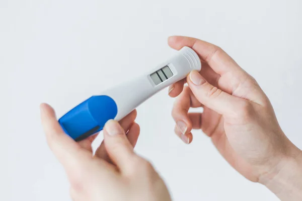 Closeup Female Hands Holding Positive Pregnancy Test Two Stripes — Stock Photo, Image