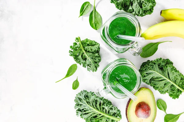 Fresh Healthy Green Smoothie Served Jars White Table — Stock Photo, Image