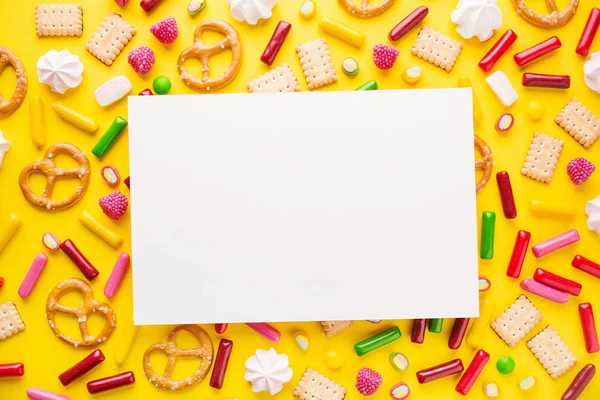 Tasty Colorful Sweets Yellow Background Copy Space — Stock Photo, Image