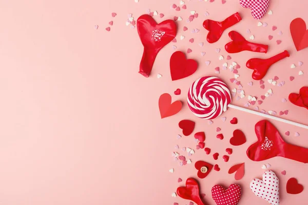 Valentines Red Paper Hearts Balloons Sweets Pink Background — Stock Photo, Image